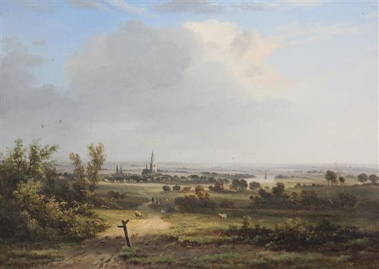 Paul-Emmanuel Peraire (1829-1893) Open landscape with church and a steamer upon a river 9.5 x 13in.
